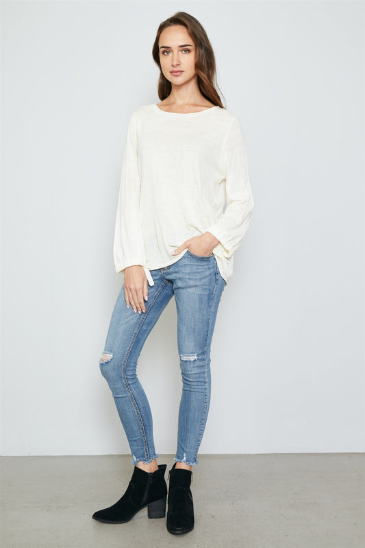 Ladies fashion tie cuff rolled hem sweatshirt