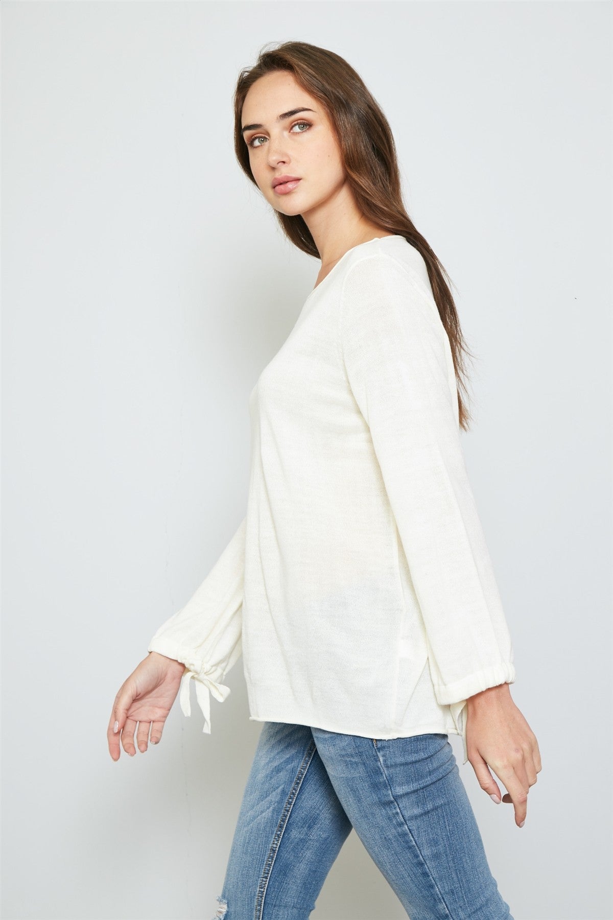 Ladies fashion tie cuff rolled hem sweatshirt