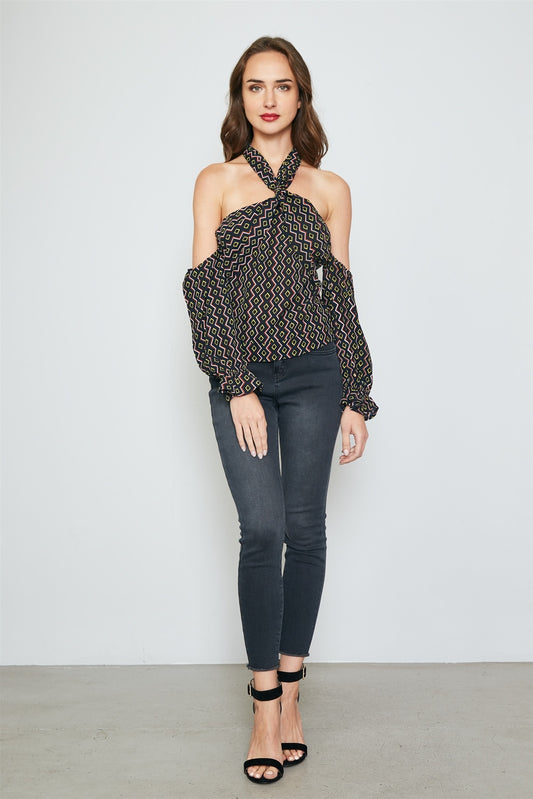 Ladies fashion geo print off the shoulder top