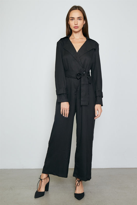 Ladies fashion long sleeve wide leg belted jumpsuit
