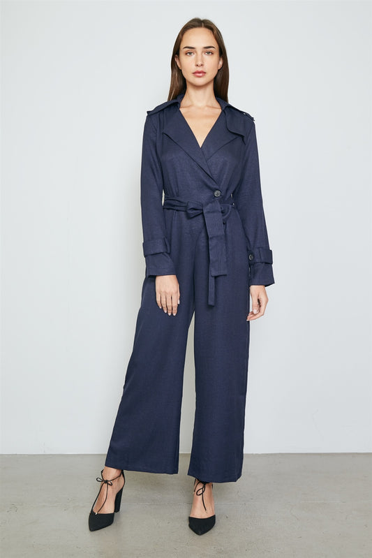 Ladies fashion long sleeve wide leg belted jumpsuit