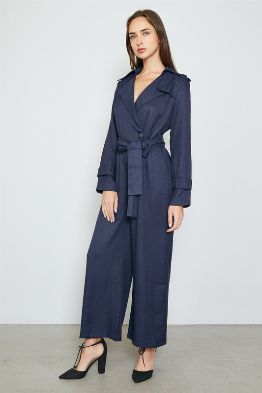 Ladies fashion long sleeve wide leg belted jumpsuit