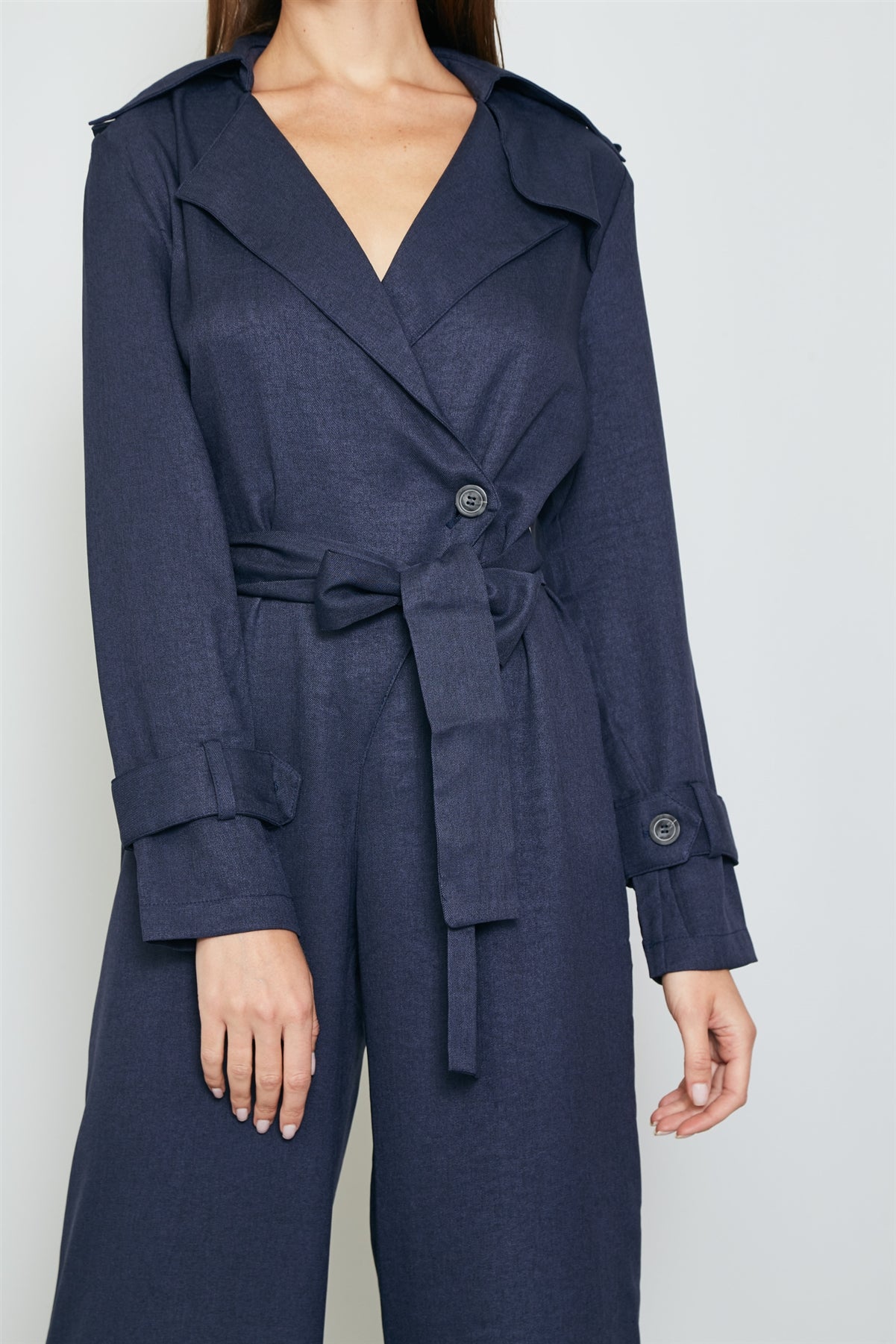 Ladies fashion long sleeve wide leg belted jumpsuit
