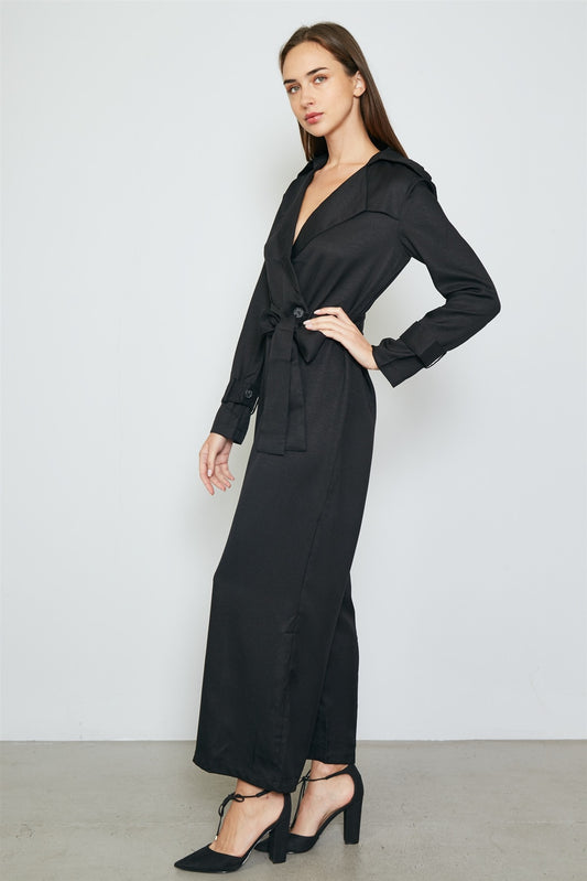 Ladies fashion long sleeve wide leg belted jumpsuit
