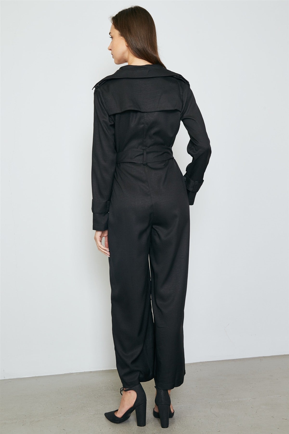 Ladies fashion long sleeve wide leg belted jumpsuit