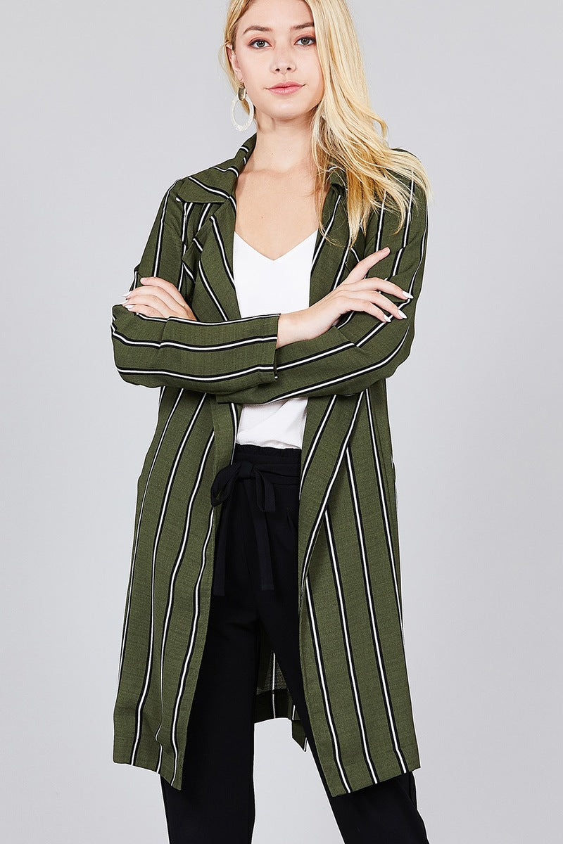 Ladies fashion long sleeve notched collar w/waist belt multi striped long woven jacket