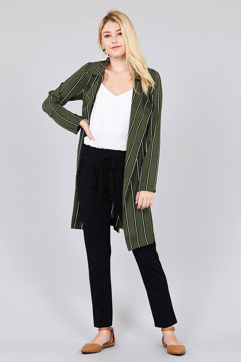 Ladies fashion long sleeve notched collar w/waist belt multi striped long woven jacket