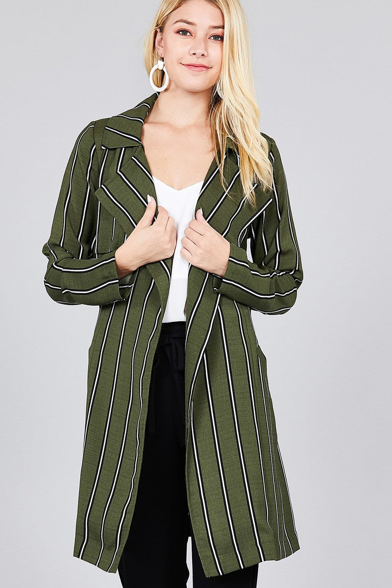 Ladies fashion long sleeve notched collar w/waist belt multi striped long woven jacket