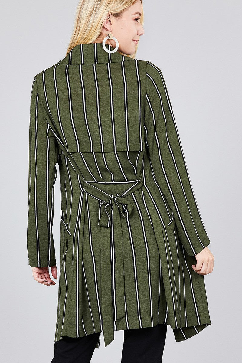 Ladies fashion long sleeve notched collar w/waist belt multi striped long woven jacket