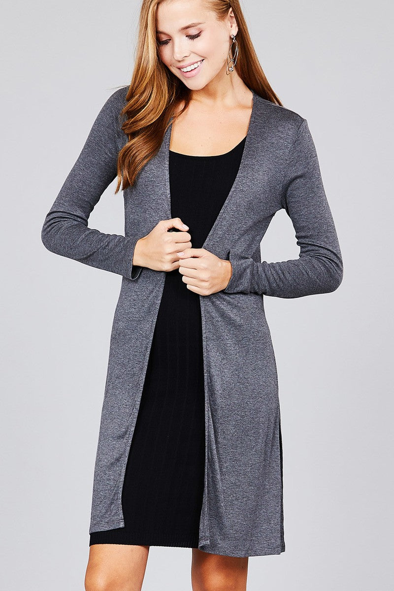 Ladies fashion long sleeve open front side slit tunic length rayon spandex rib cardigan