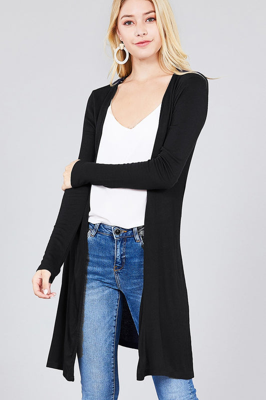 Ladies fashion long sleeve open front side slit tunic length rayon spandex rib cardigan