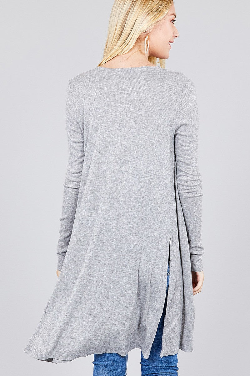 Ladies fashion long sleeve open front side slit tunic length rayon spandex rib cardigan