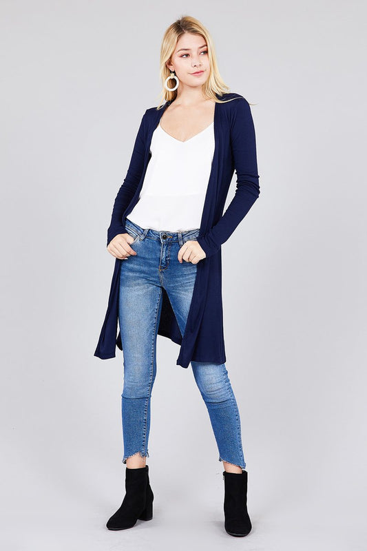 Ladies fashion long sleeve open front side slit tunic length rayon spandex rib cardigan