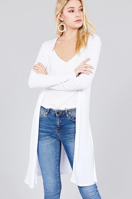 Ladies fashion long sleeve open front side slit tunic length rayon spandex rib cardigan