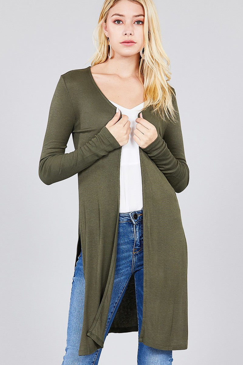 Ladies fashion long sleeve open front side slit tunic length rayon spandex rib cardigan
