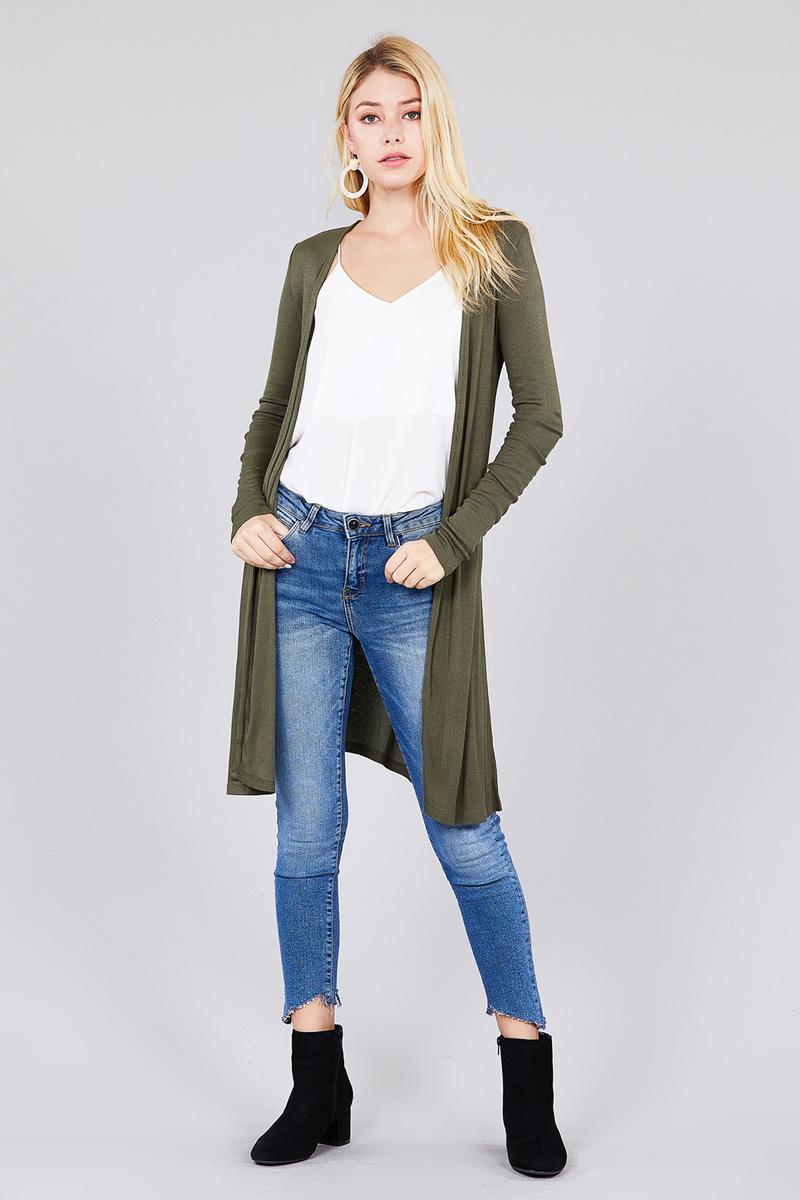 Ladies fashion long sleeve open front side slit tunic length rayon spandex rib cardigan