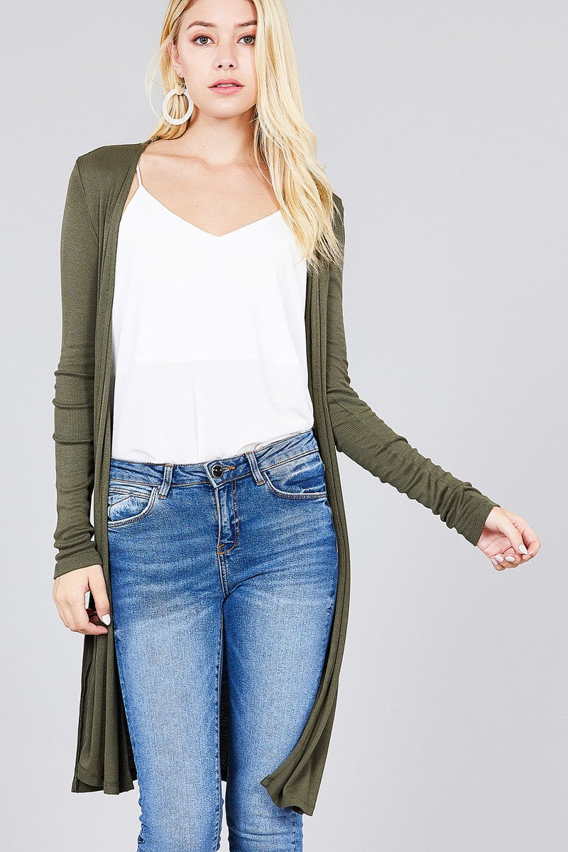 Ladies fashion long sleeve open front side slit tunic length rayon spandex rib cardigan