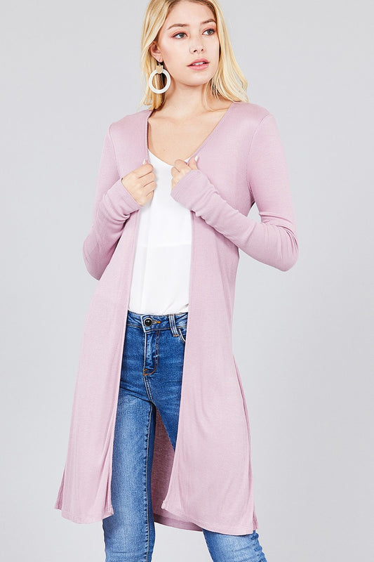 Ladies fashion long sleeve open front side slit tunic length rayon spandex rib cardigan