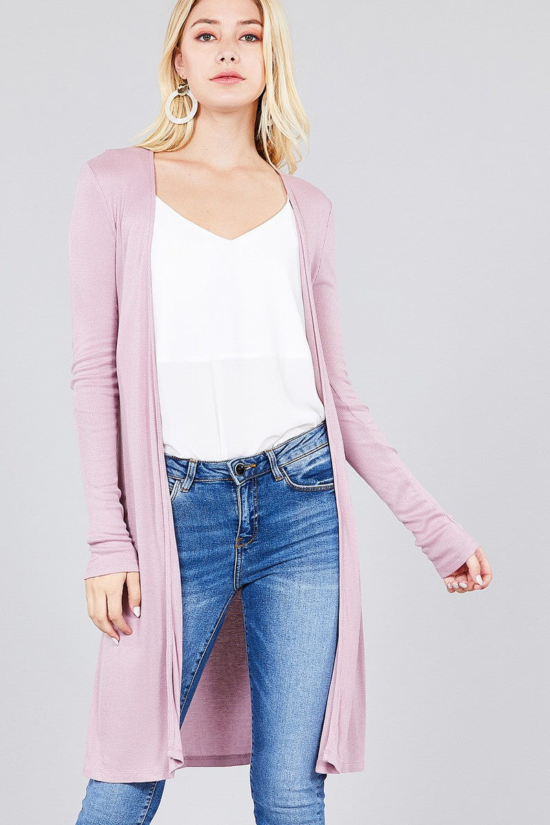 Ladies fashion long sleeve open front side slit tunic length rayon spandex rib cardigan