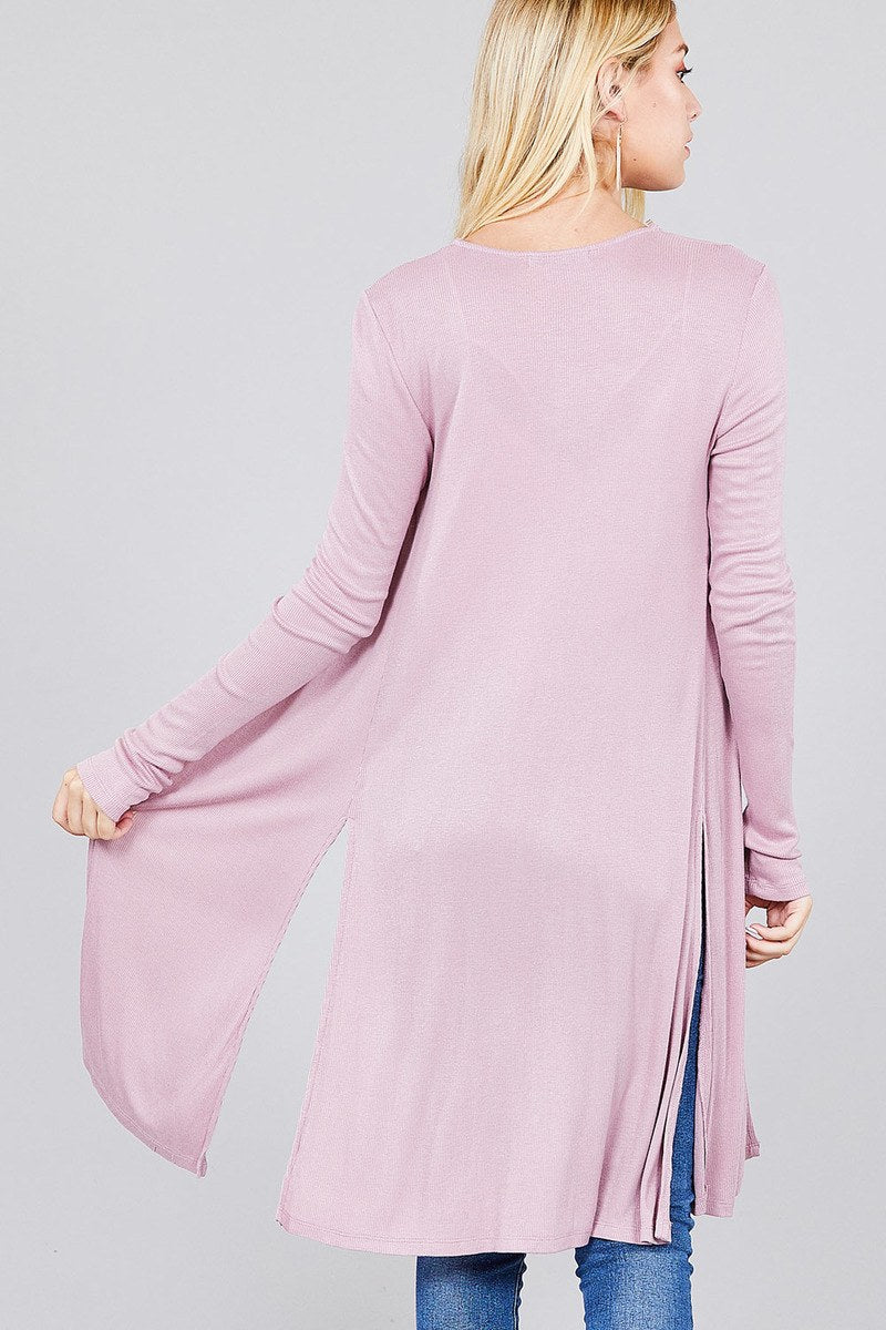 Ladies fashion long sleeve open front side slit tunic length rayon spandex rib cardigan