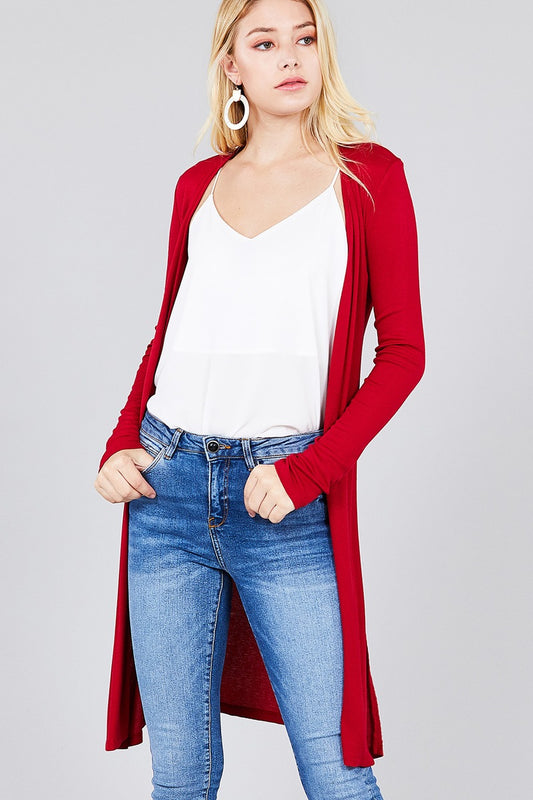 Ladies fashion long sleeve open front side slit tunic length rayon spandex rib cardigan