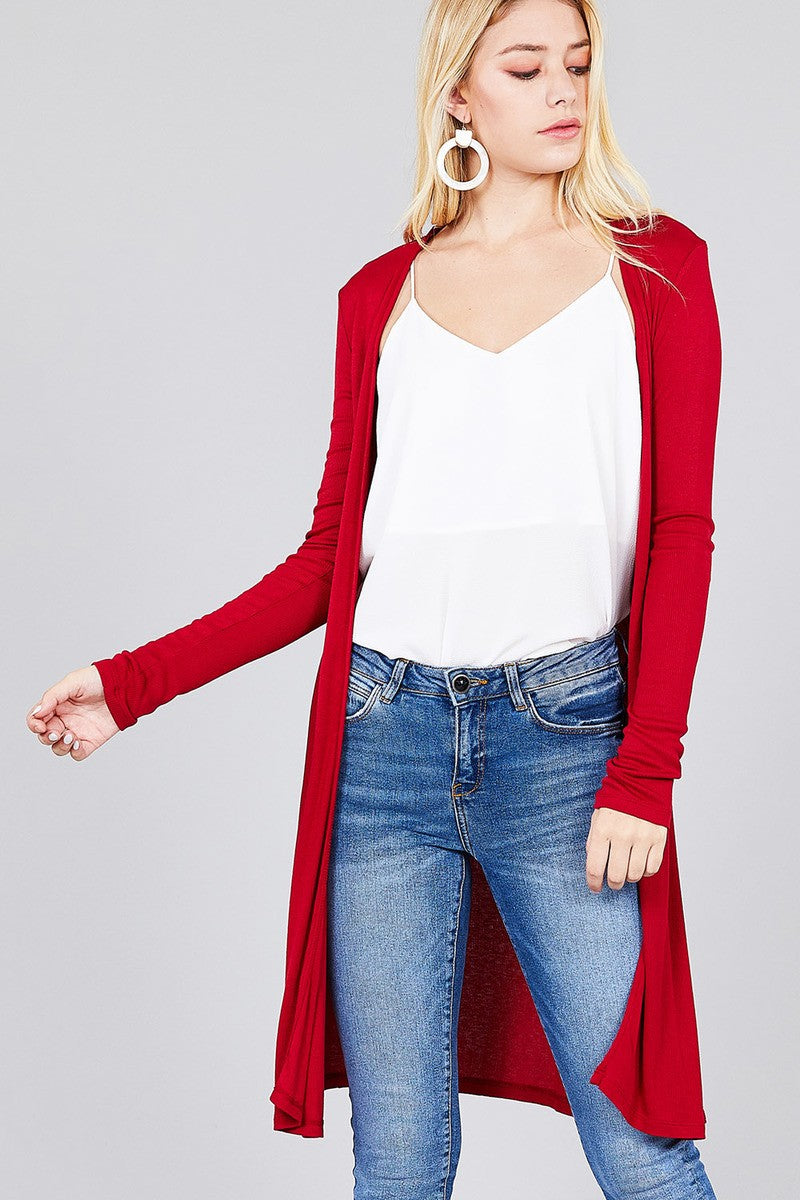 Ladies fashion long sleeve open front side slit tunic length rayon spandex rib cardigan