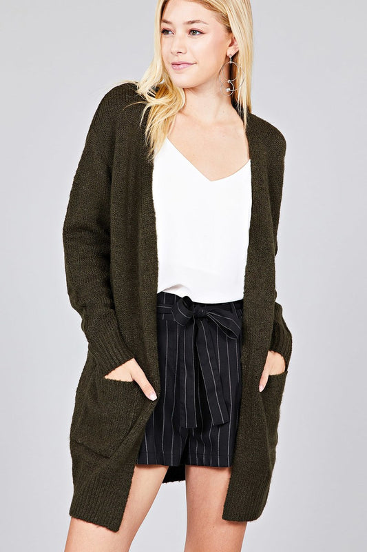 Ladies fashion long sleeve open front w/pocket tunic sweater cardigan