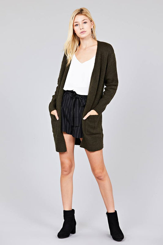 Ladies fashion long sleeve open front w/pocket tunic sweater cardigan