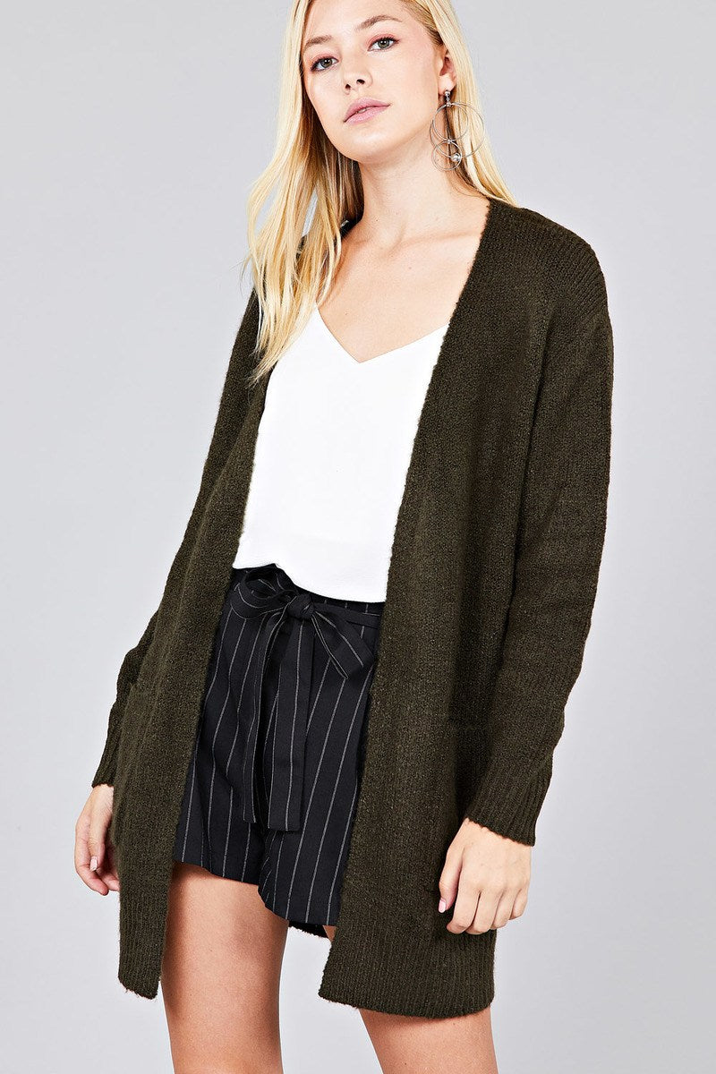 Ladies fashion long sleeve open front w/pocket tunic sweater cardigan