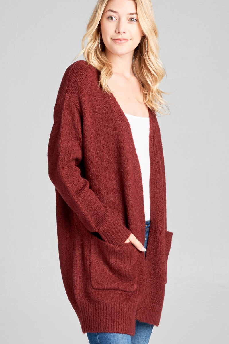 Ladies fashion long sleeve open front w/pocket tunic sweater cardigan