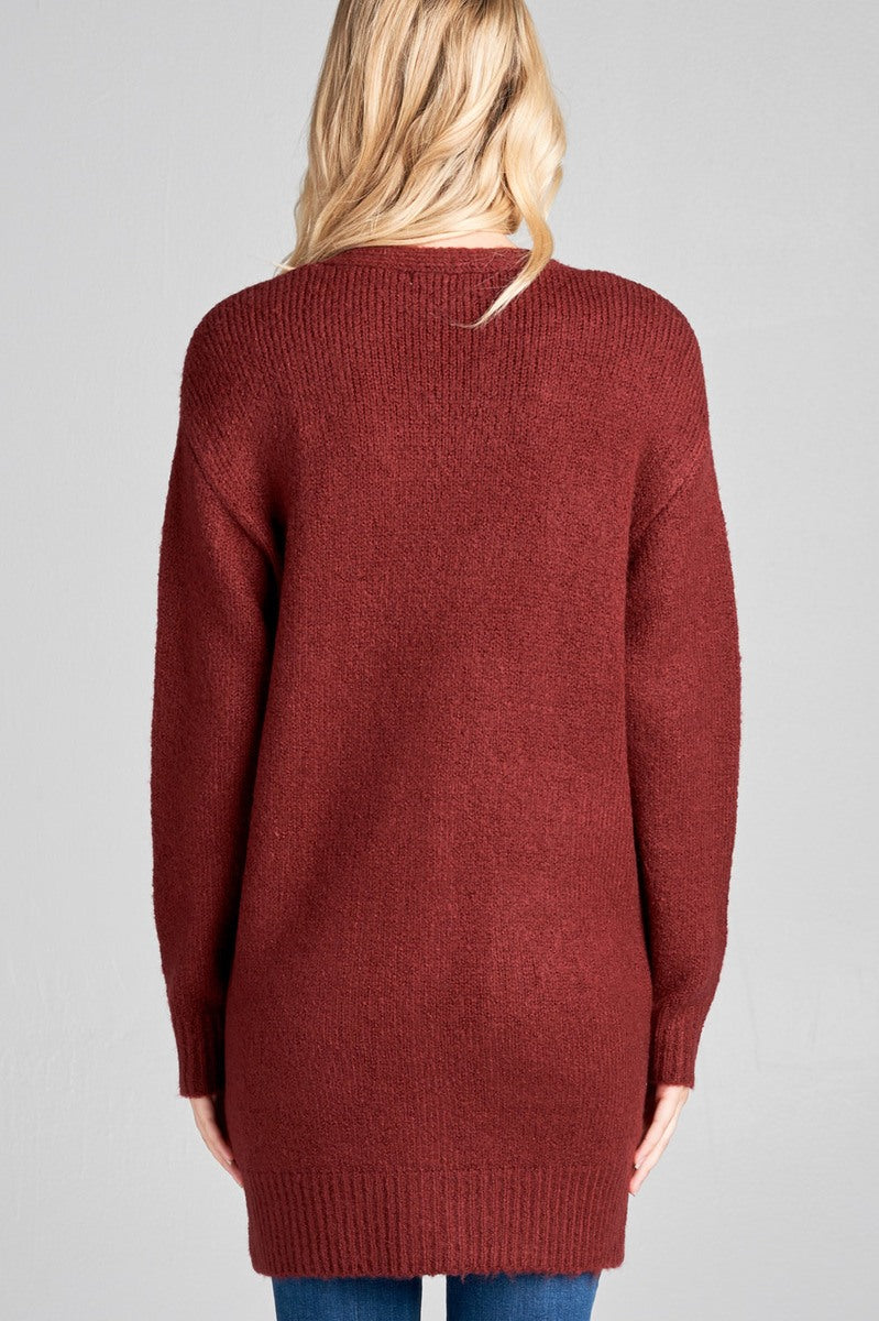 Ladies fashion long sleeve open front w/pocket tunic sweater cardigan