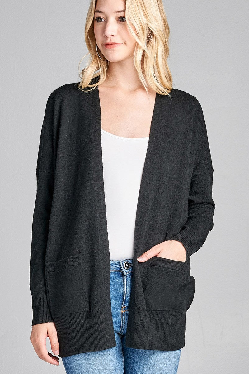 Ladies fashion long dolmen sleeve open front w/pocket sweater cardigan
