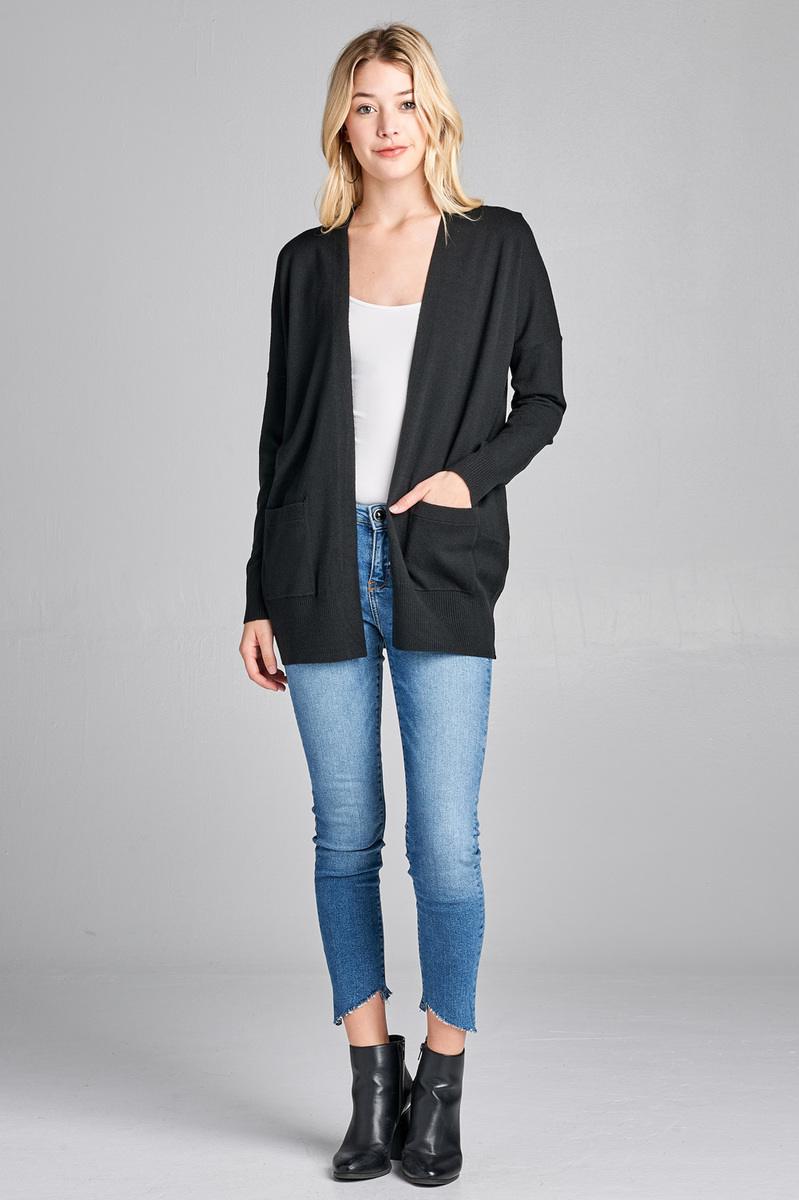 Ladies fashion long dolmen sleeve open front w/pocket sweater cardigan