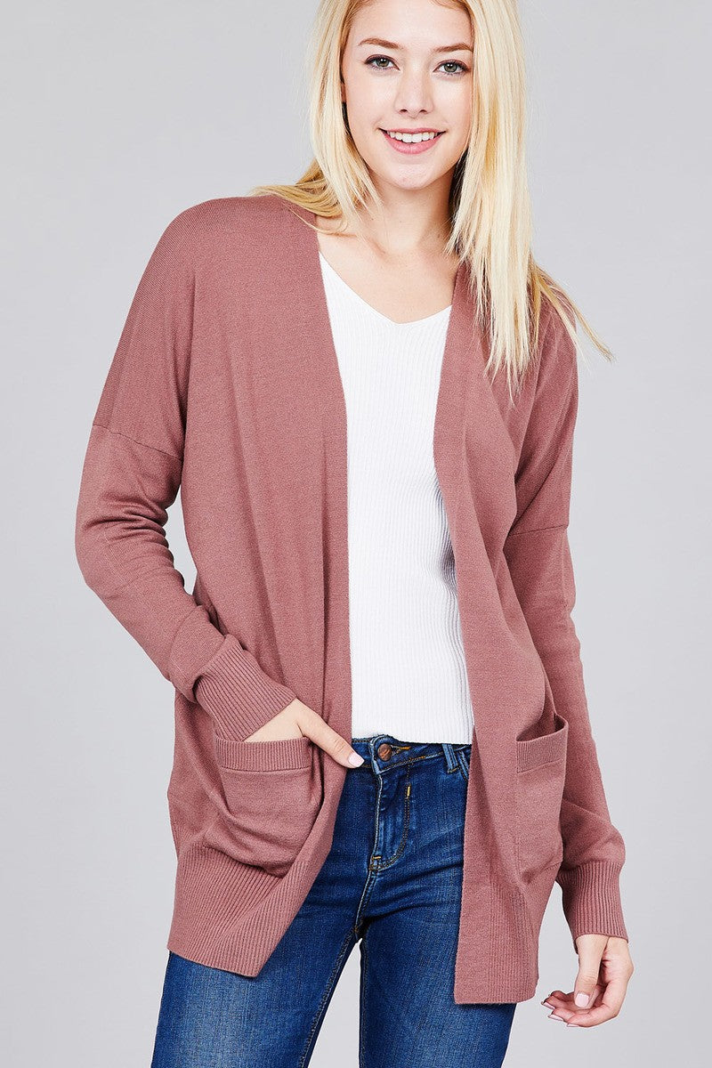Ladies fashion long dolmen sleeve open front w/pocket sweater cardigan