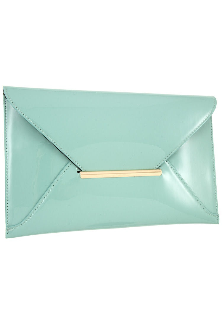 Patent envelope shape metal accent clutch bag
