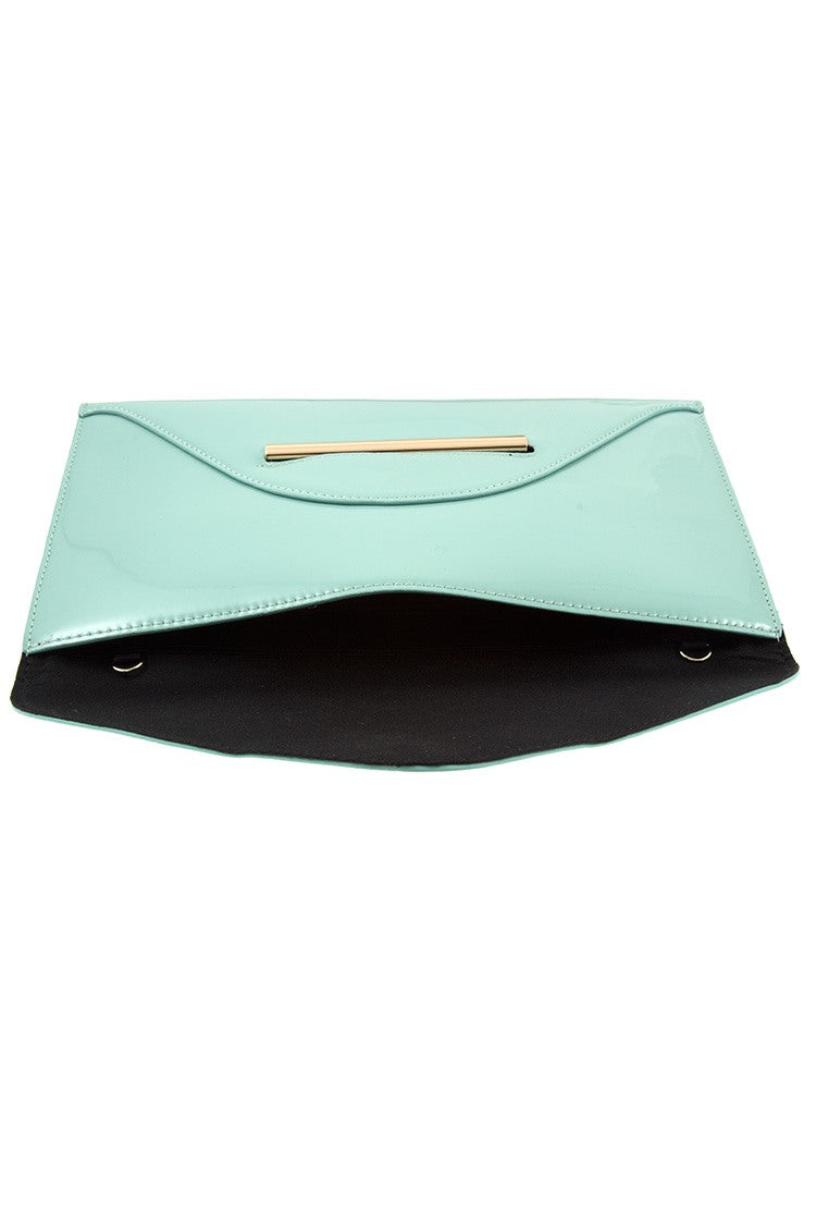 Patent envelope shape metal accent clutch bag