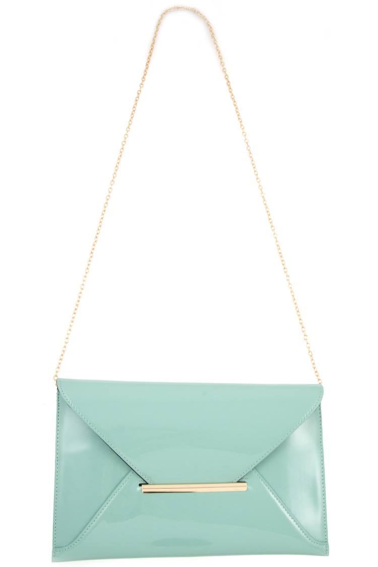 Patent envelope shape metal accent clutch bag