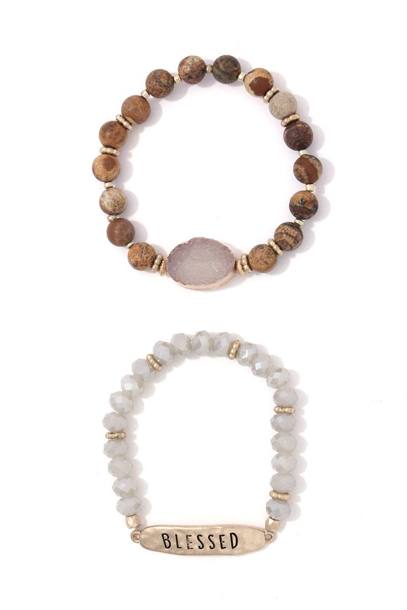 Blessed engraved beaded stretch bracelet