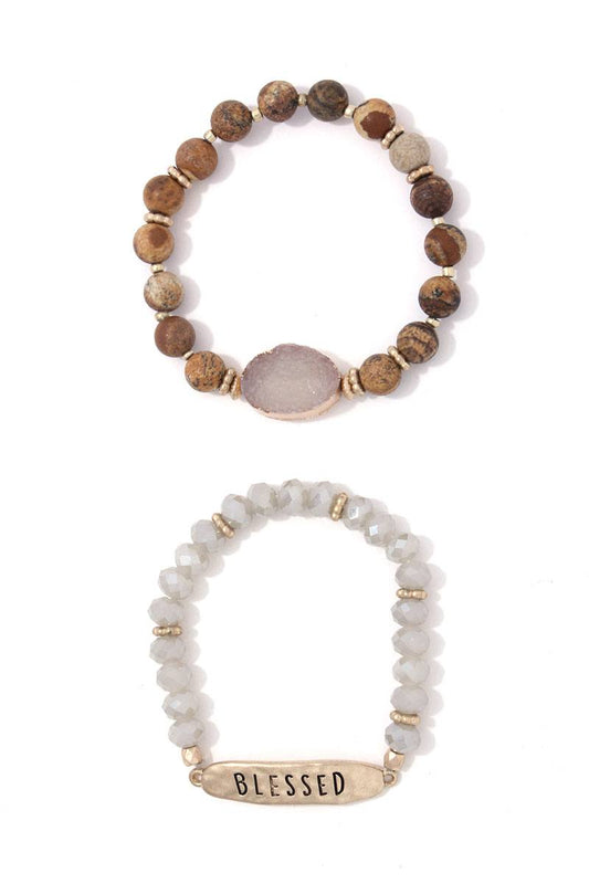 Blessed engraved beaded stretch bracelet