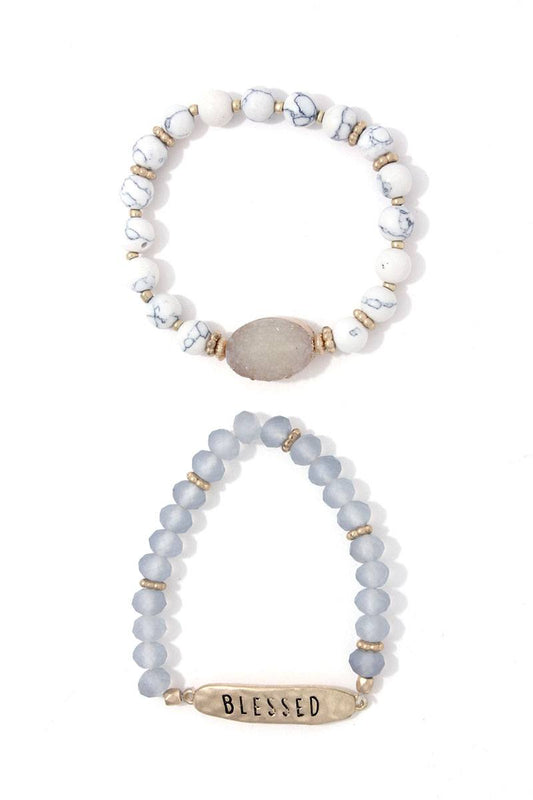 Blessed engraved beaded stretch bracelet