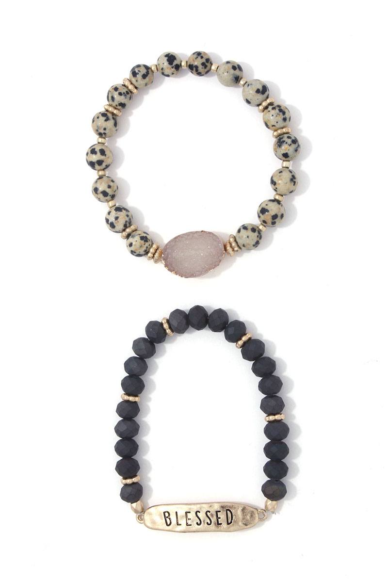 Blessed engraved beaded stretch bracelet