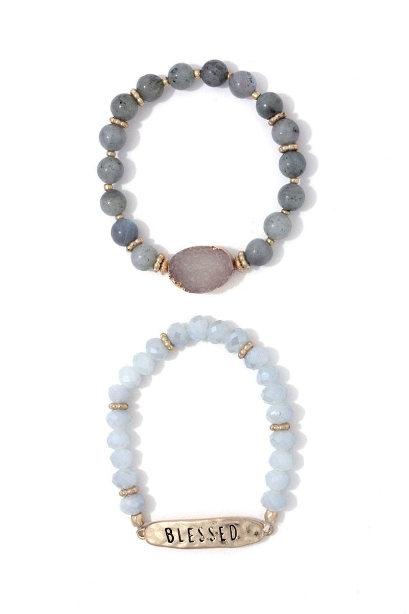 Blessed engraved beaded stretch bracelet