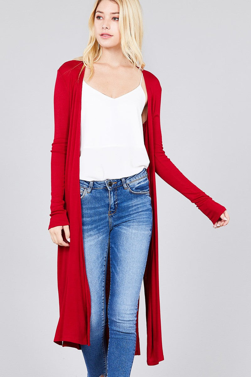 Ladies fashion plus size long sleeve open front side slit long length rayon spandex rib cardigan