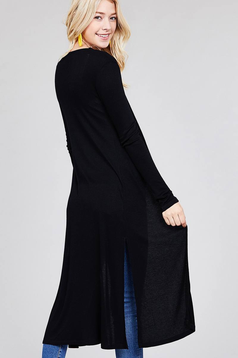 Ladies fashion plus size long sleeve open front side slit long length rayon spandex rib cardigan