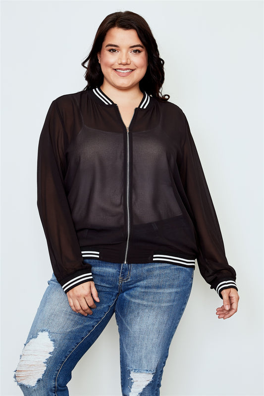 Ladies fashion plus size black sheer mesh zipper front jacket