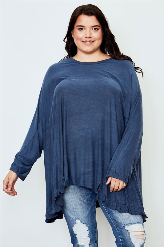 Ladies fashion plus size frill hem loose tunic top
