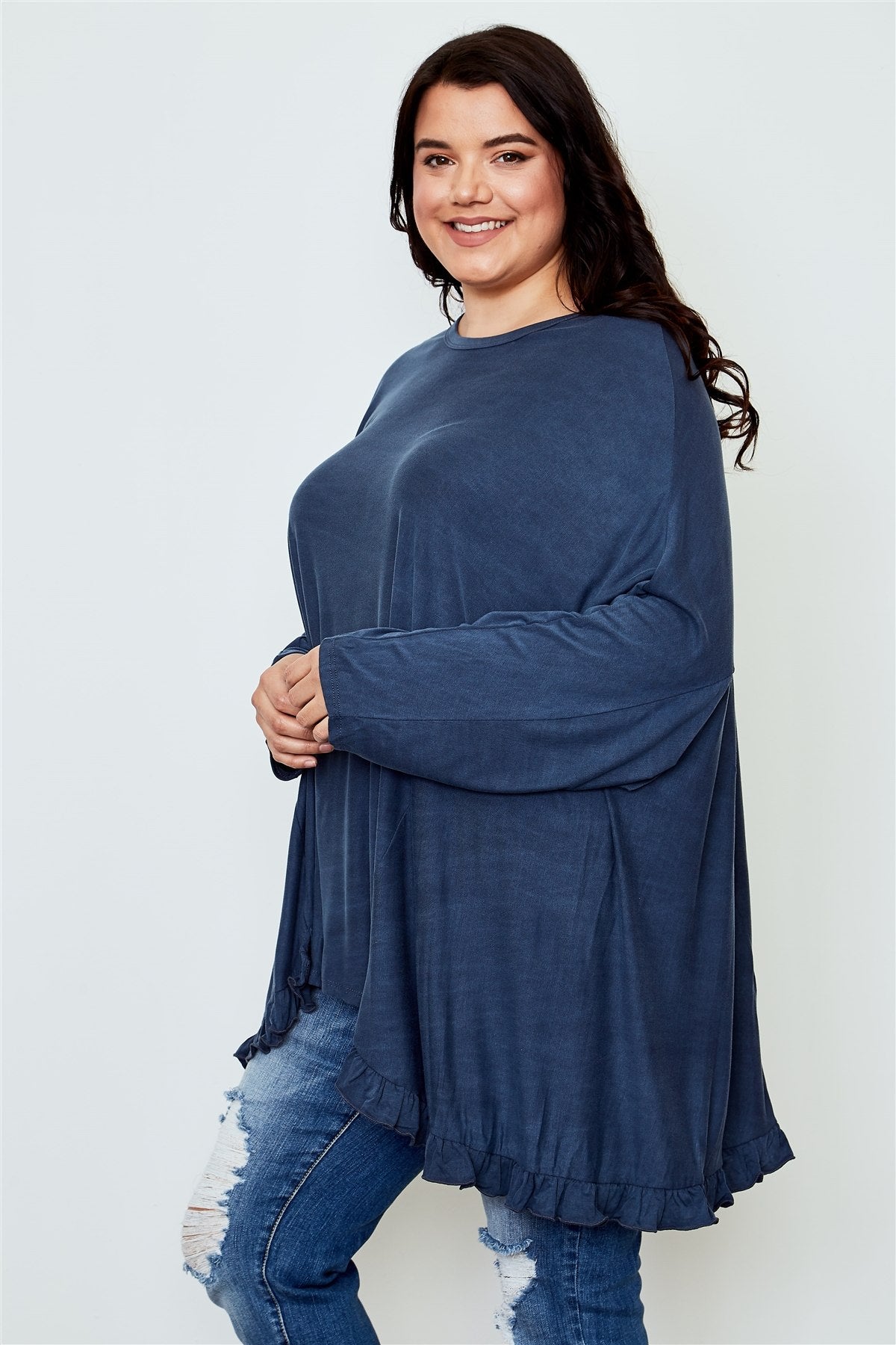 Ladies fashion plus size frill hem loose tunic top