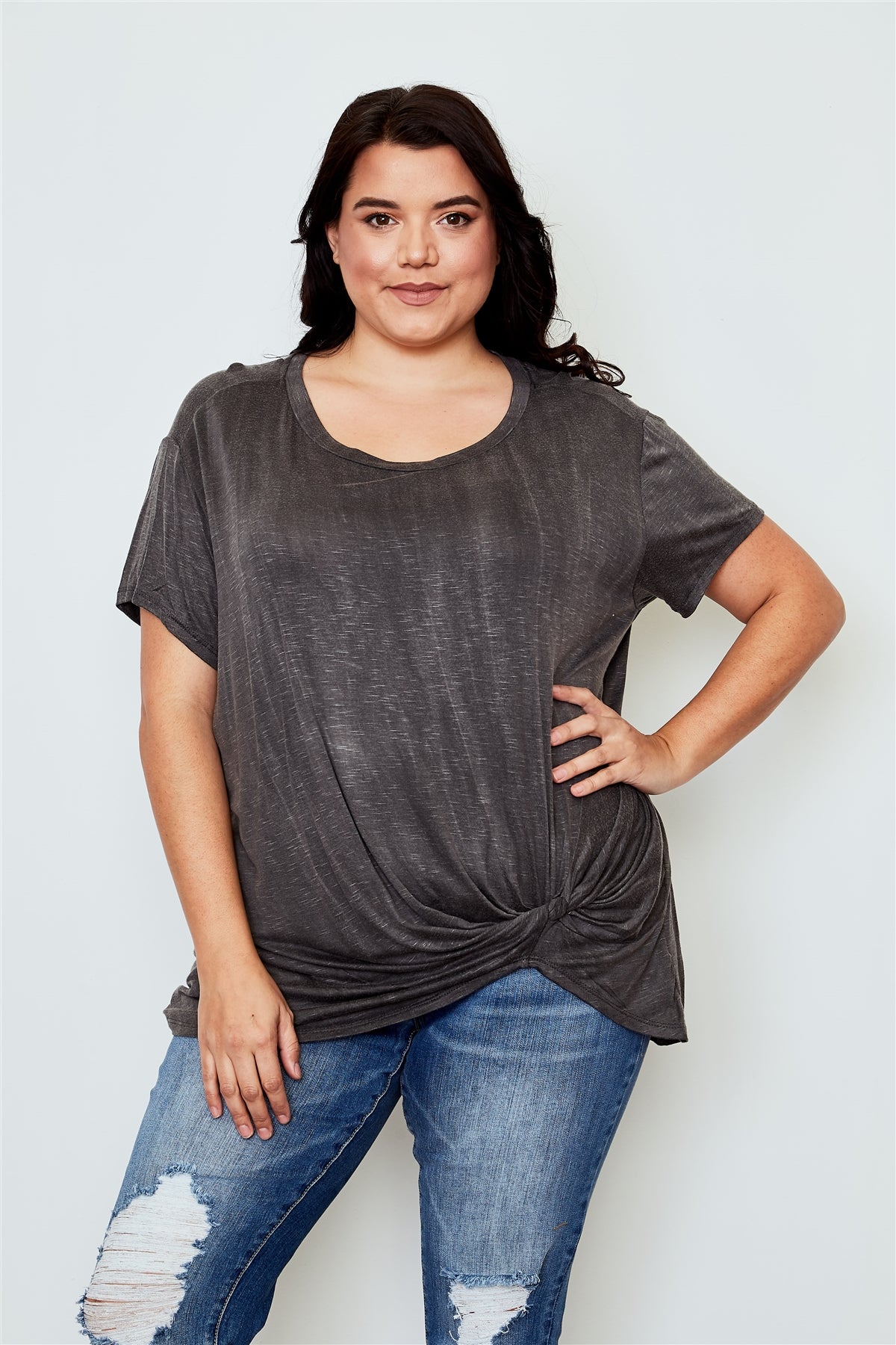 Ladies fashion plus size knotted front tee