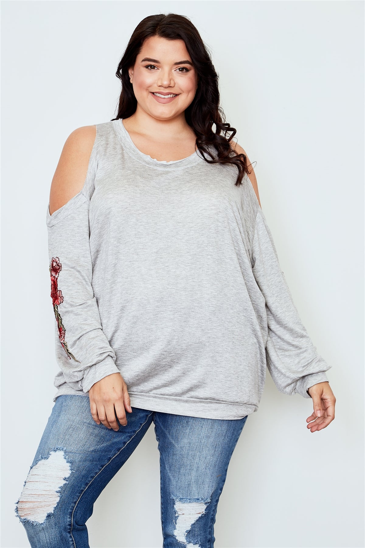 Ladies fashion plus size floral embroidered cold shoulder sweater