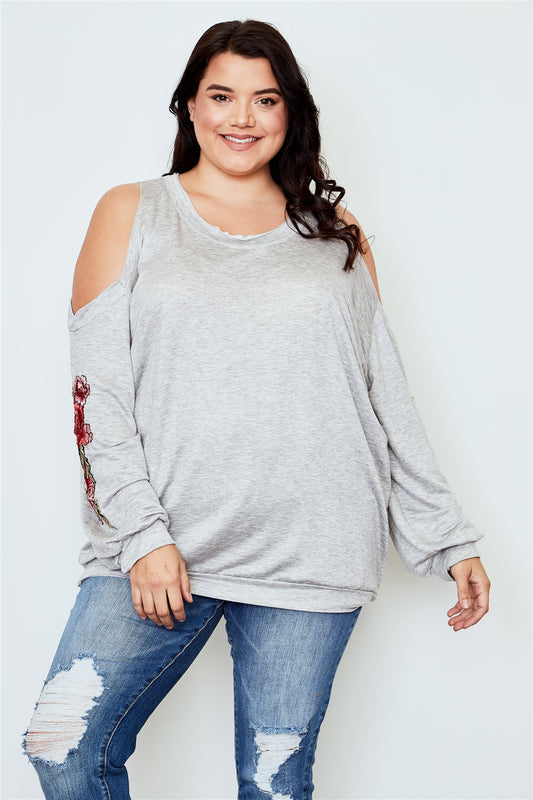 Ladies fashion plus size floral embroidered cold shoulder sweater